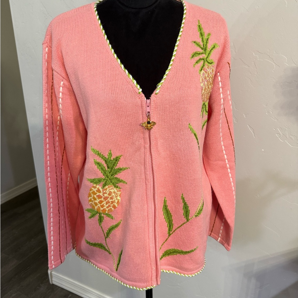 Storybook Knits Pink Cardigan with Pineapple Embroidery. Size L